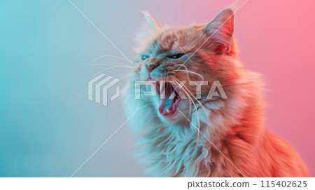LaPerm, angry cat baring its teeth, studio lighting pastel background LaPerm, angry cat baring its teeth, studio lighting pastel background 115402625