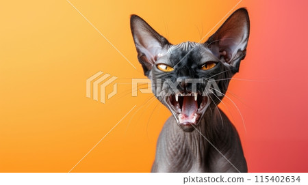 Peterbald, angry cat baring its teeth, studio lighting pastel background 115402634