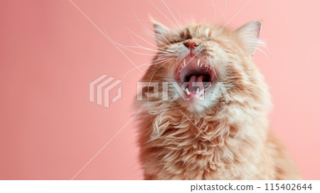 Selkirk Rex, angry cat baring its teeth, studio lighting pastel background 115402644