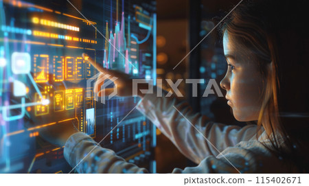 a young child is interacting with a holographic interface, full of floating data and colorful graphs 115402671