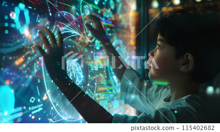 a young child is interacting with a holographic interface, full of floating data and colorful graphs 115402682