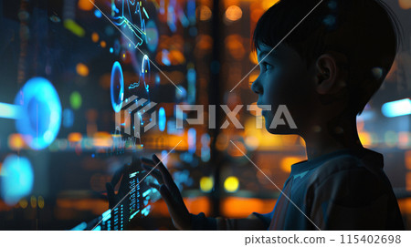 a young child is interacting with a holographic interface, full of floating data and colorful graphs 115402698