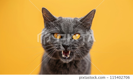 Chartreux, angry cat baring its teeth, studio lighting pastel background 115402706