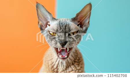 Cornish Rex, angry cat baring its teeth, studio lighting pastel background 115402708