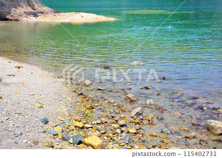 Local boys enjoying skin diving in the rocks near Tako no Hama in the Jodogahama area of Tohoku, Miyako City, Iwate Prefecture (1) 115402731