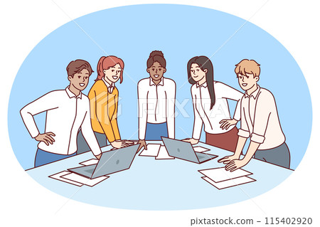 Team diverse business people stand at table with papers and laptops discussing company marketing Team diverse business people stand at table with papers and laptops discussing company marketing 115402920
