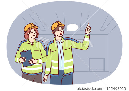 Two industrial room engineers discussing production process and how to repair equipment 115402923