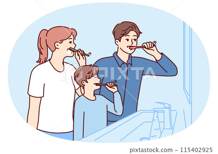 Family brushes teeth together standing in bathroom near mirror to teach boy hygiene procedures Family brushes teeth together standing in bathroom near mirror to teach boy hygiene procedures 115402925