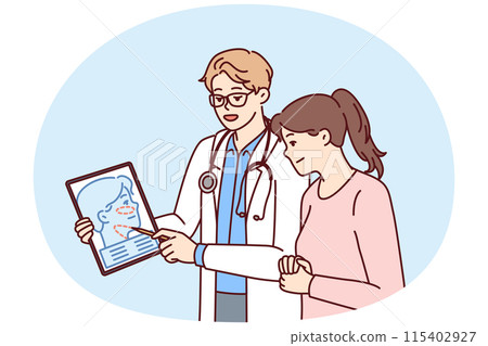 Man plastic surgeon consults woman patient demonstrating tablet with ways to tighten skin 115402927