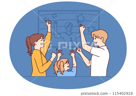 Family watches football ball on TV and celebrates victory after seeing goal scored by players 115402928