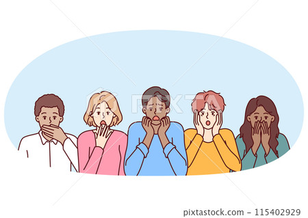 Frightened diverse people open mouths touch faces and experience shock and panic 115402929