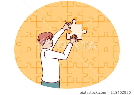 Business man putting last piece of puzzle in free space for problem solving concept 115402930
