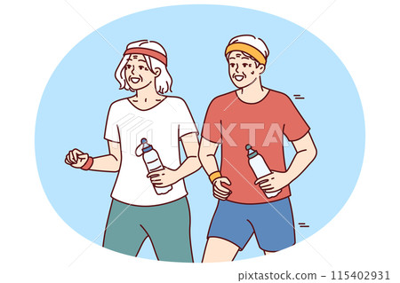 Elderly couple running and exercising outdoors having fun after retirement and enjoy active old age 115402931