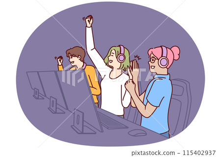 Team of delighted esports players participating in gamer competition in multiplayer game or MMORPG 115402937