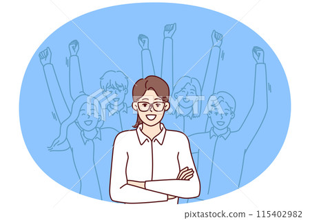 Woman leader standing with arms crossed near team located behind and making victorious wave of hands Woman leader standing with arms crossed near team located behind and making victorious wave of hands 115402982