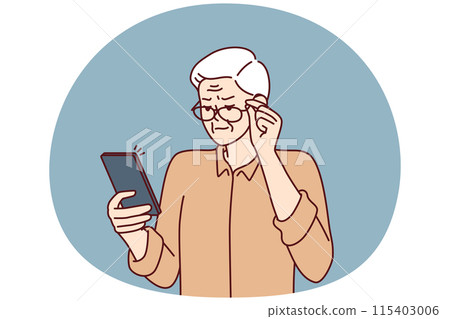 Elderly man with poor eyesight squint looking at screen of mobile phone to read SMS Elderly man with poor eyesight squint looking at screen of mobile phone to read SMS 115403006