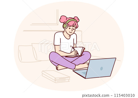 Schoolgirl watches webinar in laptop receiving distance education sitting on bed Schoolgirl watches webinar in laptop receiving distance education sitting on bed 115403010