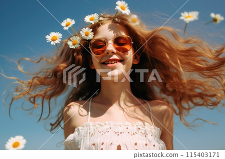 Ai generated Happy child girl in wreath from chamomile flowers in summertime against blue sky background 115403171
