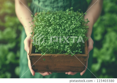 Ai generated Close up of female hands taking care of small microgreens plant. Greenhouse seedlings 115403380
