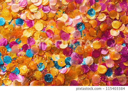 Ai generated Multicolored sparkle festive pink, yellow and golden confetti background. 115403384