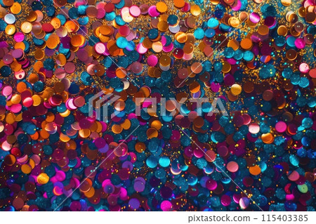 Ai generated Multicolored sparkle festive pink, yellow and blue confetti background. 115403385