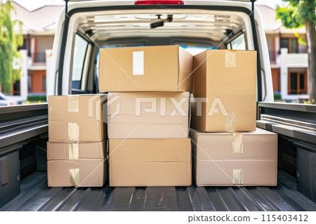 Ai generated Open lorry car trunk full of moving cardboard boxes and furniture outdoors at city street. Ai generated Open lorry car trunk full of moving cardboard boxes and furniture outdoors at city street. 115403412