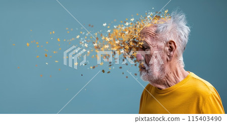 Ai generated Elderly senior old man suffering from dementia with puzzles on head loosing memory 115403490