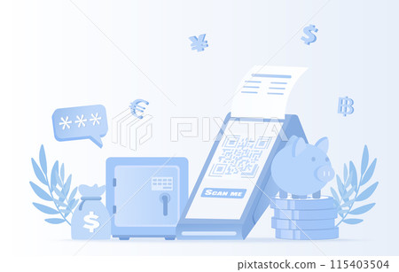 NFC (Near Field Communication) and easy payment concept. QR code scanning to purchase, exchange currency, electronic transactions and money transfer. Flat vector design illustration. NFC (Near Field Communication) and easy payment concept. QR code scanning to purchase, exchange currency, electronic transactions and money transfer. Flat vector design illustration. 115403504