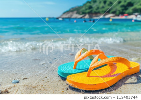 Ai generated Yellow flip flops on sandy ocean tropical beach with sea wave and blue sky with copy space. Ai generated Yellow flip flops on sandy ocean tropical beach with sea wave and blue sky with copy space. 115403744