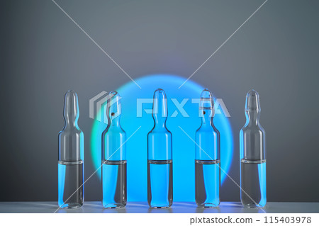 Several ampoules for injection with medicines on a blue background. Several ampoules for injection with medicines on a blue background. 115403978