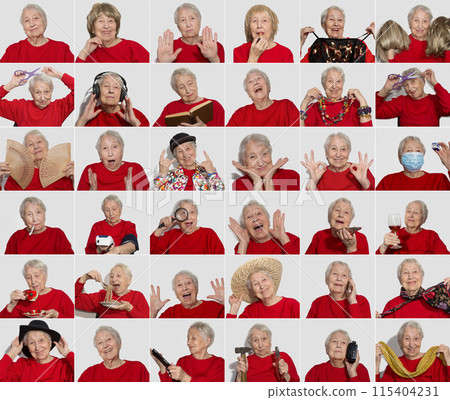 The collage from different emotions of senior woman 115404231