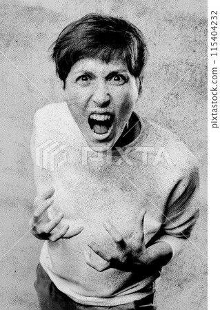 Fury. Frustrated and angry woman screaming. Modern art collage, design. 115404232