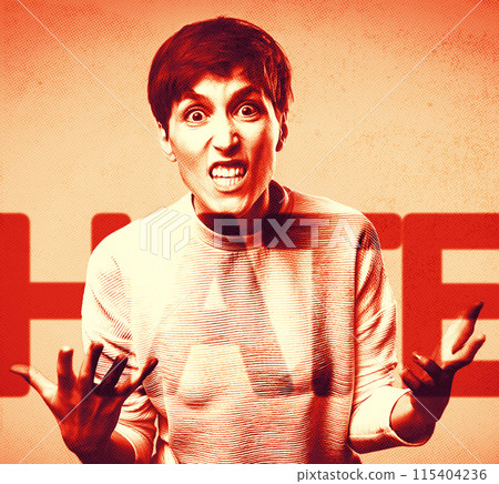 Fury. Frustrated and angry woman screaming. Modern art collage, design. 115404236
