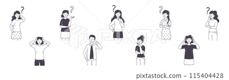 Question with Thoughtful Man and Woman Scratching Head over Riddle Vector Set 115404428