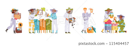 Equipped Beekeeper or Apiarist Gathering Sweet Honey from Beehive Vector Set Equipped Beekeeper or Apiarist Gathering Sweet Honey from Beehive Vector Set 115404457