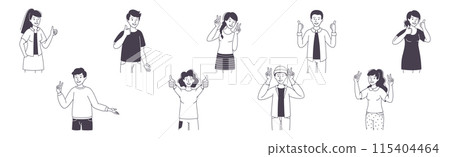 People Character Showing Positive Hand Gesture Demonstrating Emotion Outline Vector Set 115404464