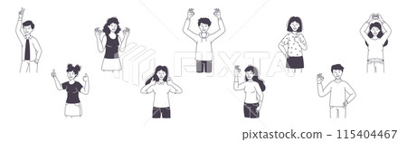 People Character Showing Positive Hand Gesture Demonstrating Emotion Outline Vector Set 115404467