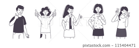 People Character Showing Positive Hand Gesture Demonstrating Emotion Outline Vector Set 115404471