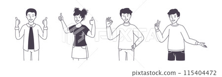 People Character Showing Positive Hand Gesture Demonstrating Emotion Outline Vector Set 115404472