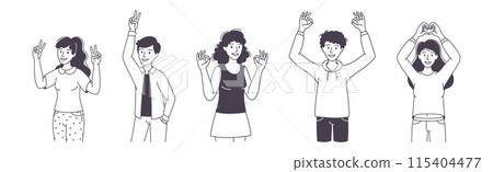People Character Showing Positive Hand Gesture Demonstrating Emotion Outline Vector Set 115404477