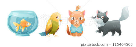 Cute Home Pet Animal with Fish, Cat, Parrot and Puppy Vector Set Cute Home Pet Animal with Fish, Cat, Parrot and Puppy Vector Set 115404503