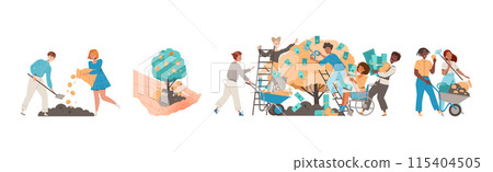 People Character Growing Money Tree with Golden Coins Vector Set 115404505