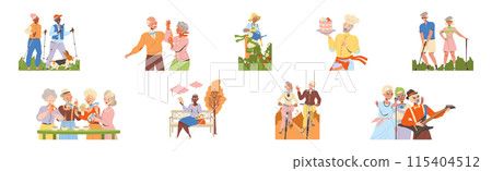Pensioner Characters Engaged in Different Hobby Activity on Retirement Vector Set 115404512