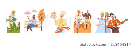 Pensioner Characters Engaged in Different Hobby Activity on Retirement Vector Set 115404514