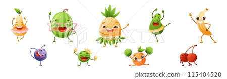 Cartoon Funny Fruits Dancing and Cheering Enjoying Summer Season Vector Set 115404520