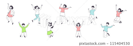 Happy People Character Jumping with Raised Hands Feeling Delight Vector Set Happy People Character Jumping with Raised Hands Feeling Delight Vector Set 115404530