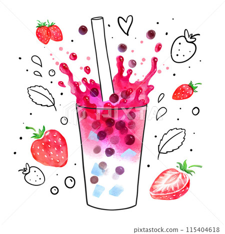Strawberry Bubble Tea with berries and doodles 115404618