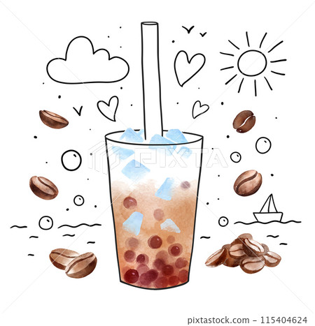 Bubble Coffee with coffee beans and doodles 115404624