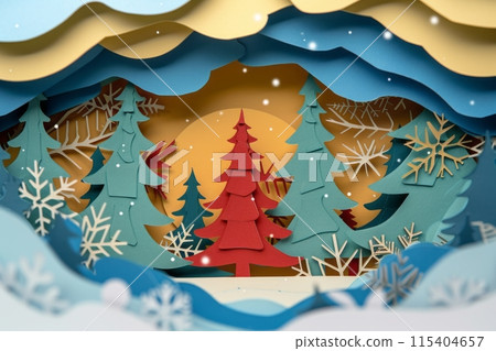 A paper-cut design depicts a snowy forest and fir trees, evoking the magic of New Year and Merry Christmas with its serene beauty and holiday charm 115404657