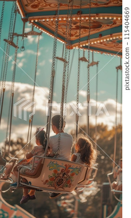 With smiles all around, mom, dad, and children share thrilling moments on the rides, bonding over exhilarating experiences at the theme park 115404669
